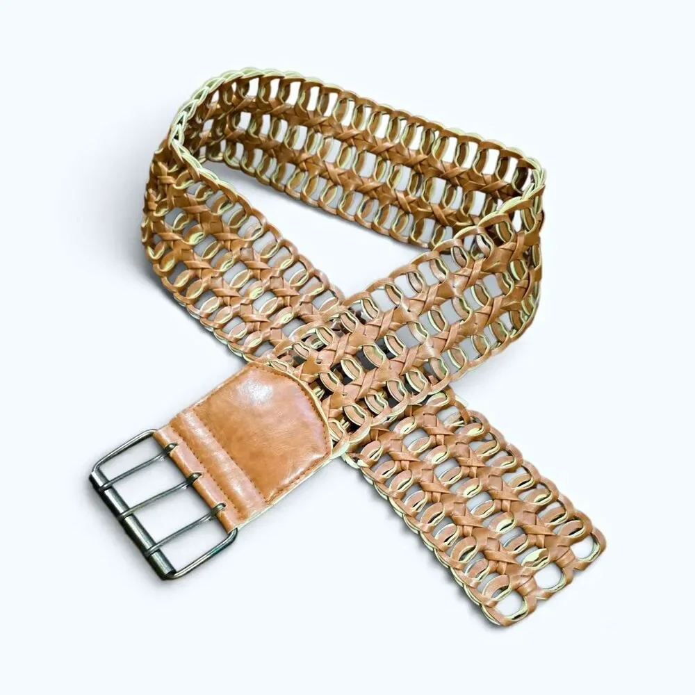 Vintage Y2K Boho Woven Faux Leather Wide Statement Belt Triple Prong M/L
